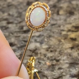 White Fire Opal Gold plated Stick Pin - Brilliant White Opal Stone